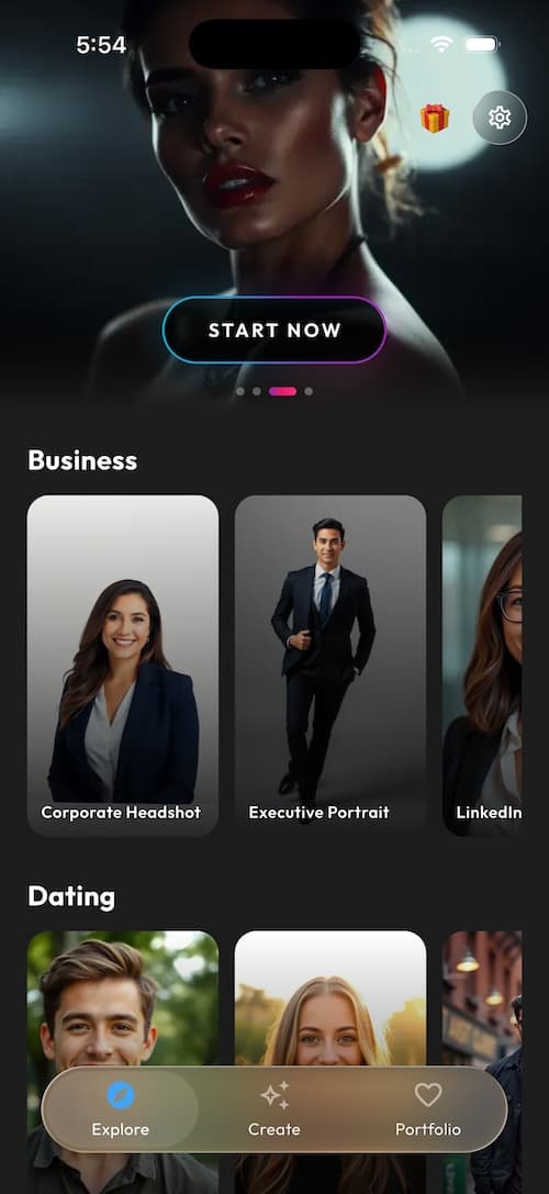 SelfAI AI Photo Studio app showing professional AI headshots from selfies