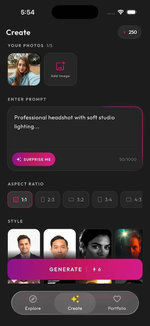 SelfAI AI Photo Studio app showing professional AI headshots from selfies